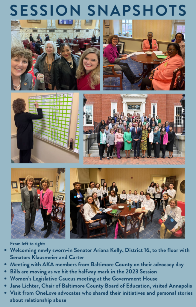 Photos of Senator Hettleman meeting with bill advocates, constituents, and colleagues in and around her Annapolis office